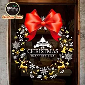 摩達客耶誕-5號紅色蝴蝶結麋鹿聖誕花圈-靜電玻璃貼