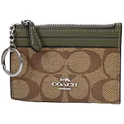 COACH 滿版LOGO拼接皮革卡片零錢包-卡其綠