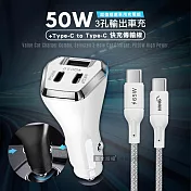 【組合購】City 50W車用充電器 Type-C/USB-A 3孔車充頭+65W Type-C to Type-C 傳輸充電線(100cm)