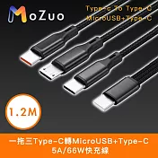 【魔宙】一拖三Type-C轉MicroUSB+Type-C 5A/66W快充線 1.2M