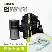 【omars】便攜全套組｜AC交直流行動電源＋圓筒收納袋＋GaN 35W充電器＋Lightning炫彩快充線 湖水綠