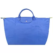 LONGCHAMP LE PLIAGE GREEN系列刺繡短把再生尼龍摺疊旅行袋(小) 矢車菊藍