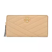 TORY BURCH KIRA 金屬LOGO皮革拉鍊絎縫長夾- 奶茶