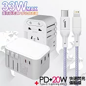 CITY萬用轉接頭PD快充33W急速充電器-白+高密編織線Type-C to Lightning iphone/ipad充電線-200cm 紫線