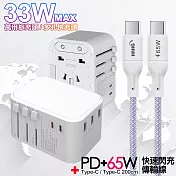 CITY萬用轉接頭PD快充33W急速充電器-白+高密編織線Type-C to Type-C充電線-200cm 紫線