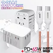 CITY萬用轉接頭PD快充33W急速充電器-白+高密編織線Type-C to Type-C充電線-200cm 粉線