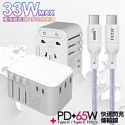 CITY萬用轉接頭PD快充33W急速充電器-白+高密編織線Type-C to Type-C充電線-150cm 紫線