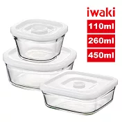 【iwaki】日本品牌耐熱玻璃微波密封盒三入組-方形白蓋(110ml+260ml+450ml)(原廠總代理)