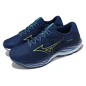 Mizuno 慢跑鞋 Wave Rider 27 男鞋 藍 黃 波浪片 透氣 回彈 緩震 運動鞋 美津濃 J1GC2303-53