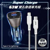 Wildex微透 63W急速充電 PD+QC雙孔電瓶電壓車充頭+PD20W Type-C to Lightning 傳輸充電線(100cm) SR063PQ