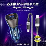 Wildex微透 63W急速充電 雙孔電瓶電壓車充頭+PD20W抗彎折 Type-C to Lightning 鋁合金傳輸充電線 SR063PQ