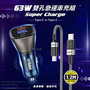Wildex微透 63W急速充電 PD+QC雙孔電瓶電壓車充頭+60W抗彎折 Type-C to Type-C 鋁合金傳輸充電線 SR063PQ