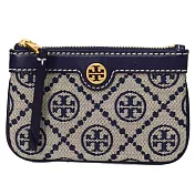 TORY BURCH 雙T-LOGO提花拼接皮革零錢包-藍色