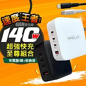 WELLY 140W氮化鎵GaN 至尊版 四孔輸出極速充電組合包(充電頭+充電線) 附收納袋 黑色