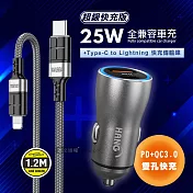 HANG 25W金屬頭 PD+QC雙孔快充車充頭+PD20W抗彎折 Type-C to Lightning 鋁合金傳輸充電線 H322+KSC-696