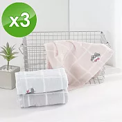 【HKIL-巾專家】日系格子可愛貓咪圖案純棉毛巾-3入組 藍色