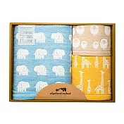 JOGAN日本成願毛巾 elephant infant 象寶貝系列 浴巾+毛巾+小方巾3入 禮盒組 象寶寶藍+長頸鹿黃+綿羊棕