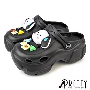 【Pretty】女 洞洞鞋 雨鞋 穆勒鞋 布希鞋 涼拖鞋 兩穿 防水 厚底 輕量 狗狗造型 鞋釦 JP26 黑色