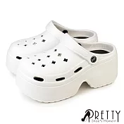 【Pretty】女 洞洞鞋 雨鞋 布希鞋 穆勒鞋 涼拖鞋 兩穿 防水 鞋釦 輕量 厚底 EU40 白色