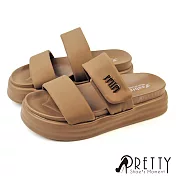 【Pretty】女 拖鞋 厚底 鬆糕 二字帶 魔鬼氈 沾黏式 輕量 EU36 卡其色