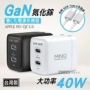 MINIQ 40W氮化鎵GaN 雙Type-C充電器 PD+QC急速充電組 台灣製(內附充電線)  冰晶白