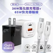 【超速組合】WELLY 36W氮化鎵GaN PPS雙孔迷你充電器+65W Type-C to Type-C 傳輸充電線(1M) 白色+線