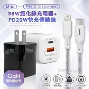 【超速組合】WELLY 36W氮化鎵GaN 雙孔充電器+PD20W Type-C to Lightning 傳輸充電線(1M) 黑色+線