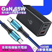 MyStyle 65W GaN氮化鎵極速充電器-黑+勇固耐彎折100W編織快充線 Type-C to Type-C -300cm-藍