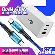 MyStyle 65W GaN氮化鎵極速充電器-白+勇固耐彎折100W編織快充線 Type-C to Type-C -300cm-藍