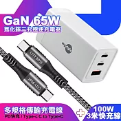 MyStyle 65W GaN氮化鎵極速充電器-白+勇固耐彎折100W編織快充線 Type-C to Type-C -300cm-灰