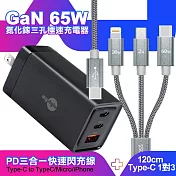 MyStyle 65W GaN氮化鎵極速充電器-黑+CITY TypeC 1對3 PD快速閃充線三合一 120cm-灰