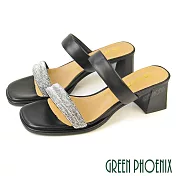 【GREEN PHOENIX】女 拖鞋 方頭拖鞋 高跟拖鞋 水鑽 二字帶 全真皮 EU35 黑色
