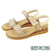 【GREEN PHOENIX】女 涼鞋 厚底涼鞋 水鑽 一字帶 全真皮 EU35 米色