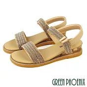 【GREEN PHOENIX】女 涼鞋 厚底涼鞋 水鑽 一字帶 全真皮 EU37 杏色