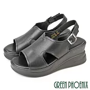 【GREEN PHOENIX】女 涼鞋 厚底涼鞋 楔型涼鞋 輕量 全真皮 EU35 黑色