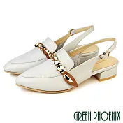 【GREEN PHOENIX】女 涼鞋 穆勒鞋 跟鞋 包鞋 全真皮 絲巾 鍊釦 台灣製 US6 米色