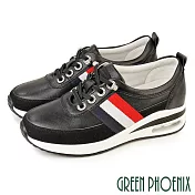【GREEN PHOENIX】女 運動鞋 休閒鞋 小白鞋 懶人鞋 全真皮 厚底 氣墊 免綁鞋帶 JP23.5 黑色