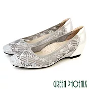 【GREEN PHOENIX】女 娃娃鞋 便鞋 包鞋 方頭 內增高 全真皮 乳膠鞋墊 EU35 銀色