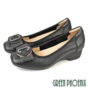 【GREEN PHOENIX】女 娃娃鞋 包鞋 全真皮 小坡跟 厚底 小坡跟 蝴蝶結 OL 通勤 上班 EU35 黑色