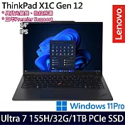 【Lenovo】聯想 ThinkPad X1C 12th 14吋AI商務筆電/Ultra 7 155H/32G/1TB SSD/Win11Pro/三年保