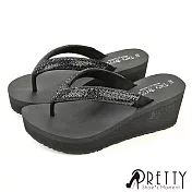 【Pretty】女 拖鞋 夾腳拖鞋 厚底拖鞋 楔型拖鞋 輕量 台灣製 JP22.5 黑色