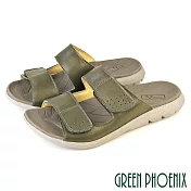 【GREEN PHOENIX】男 拖鞋 真皮 羊皮 二字 雙寬帶 魔鬼氈沾黏 平底 臺灣製 EU44 綠色
