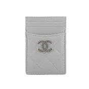 CHANEL Logo 銀色鏤空標誌菱格紋牛皮卡片夾/名片夾 展示品 (淺灰色)