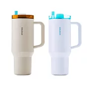 [CookPower 鍋寶] 珍珠粗吸管陶瓷隨行把手杯1200ml 買1送1(2色選) 極靜白+浪漫咖