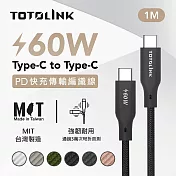 【TOTOLINK】60W Type-C to C PD3.0快充傳輸線 充電線_共六色 1M(台灣製造/安卓 iPhone 15後適用 / 柔軟編織/USB-C) 日蝕黑 日蝕黑