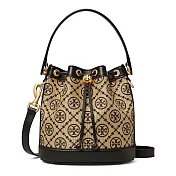 Tory burch 緹花拼接皮革水桶包-卡其黑