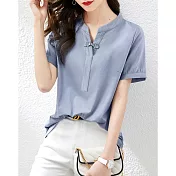 【BJ COLLECTION】日系時尚V領刺繡鈕扣短袖上衣BJC30097藍色 FREE 藍色