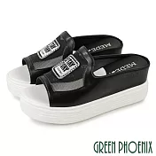 【GREEN PHOENIX】女 拖鞋 厚底 楔型 真皮 水鑽 透膚網布 JP22.5 黑色
