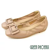 【GREEN PHOENIX】女 娃娃鞋 包鞋 全真皮 平底 蝴蝶結 通勤 上班 EU35 芋色