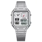 Citizen 星辰 GENT系列 JG2120-65A 80年代復古時尚 兩地時間 日期 溫度 雙顯 多功能 銀色電子錶 手錶